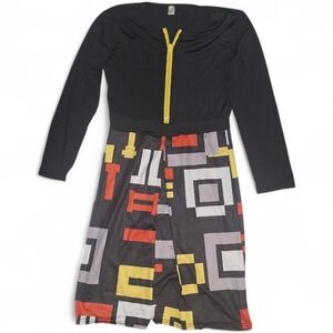 Black Long Sleeve Dress with Geometric Print Skirt